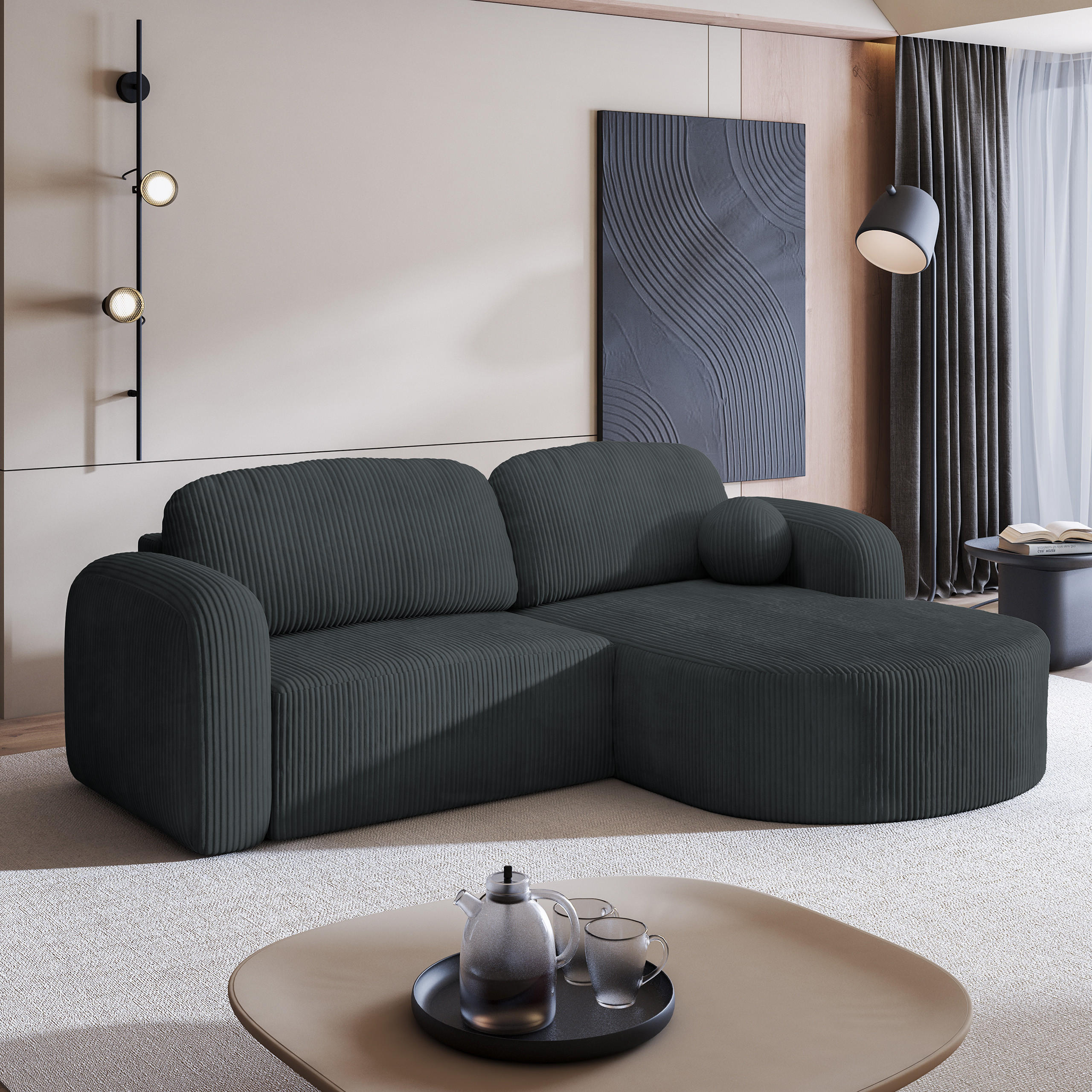 ECKSOFA AMILIA P R-S Graphitfarben Kordstoff mit Schlaffunktion - Graphitfarben, Holz (263/174cm) - MASSENO
