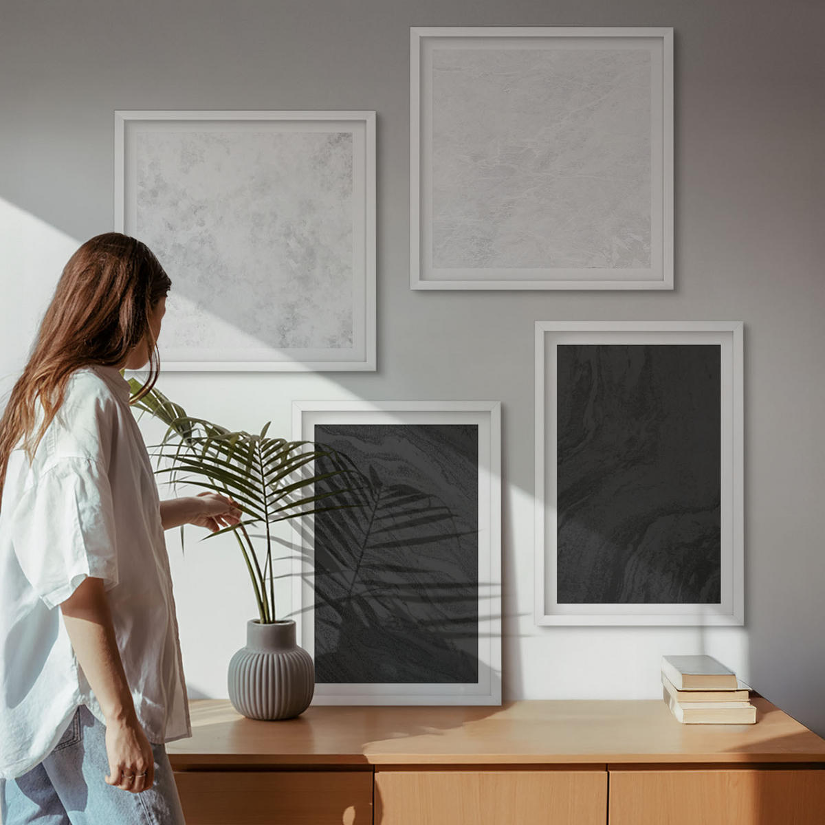 WANDBILDER 4er-Set - 50x50 cm & 40x60 cm Weißer Rahmen - Dunkles Licht, glamouröse Marmor - Weiß, Kunststoff (50/50cm) - ArtPrintCave