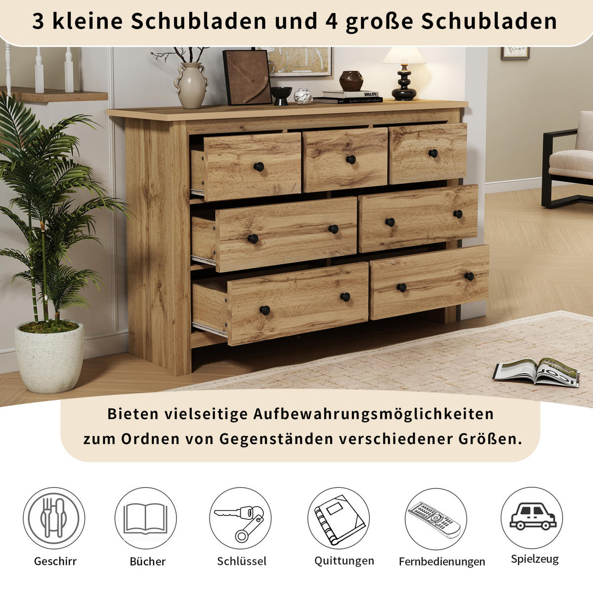 SIDEBOARD 152/40/88,5 cm aus Spanplatte mit 7 Schubladen Holzfarben - Naturfarben, Holzwerkstoff (152/89/40cm) - Modenvie