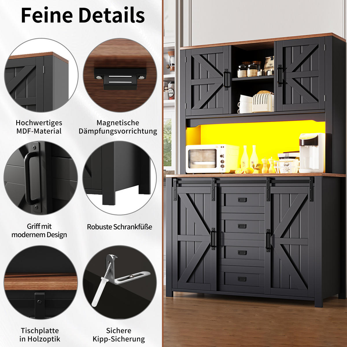 BUFFET 115/40/174,7 cm in Schwarz mit LED-Beleuchtung und Schiebetüren - Schwarz, Holzwerkstoff (115/174.7/40cm) - Flora Grace