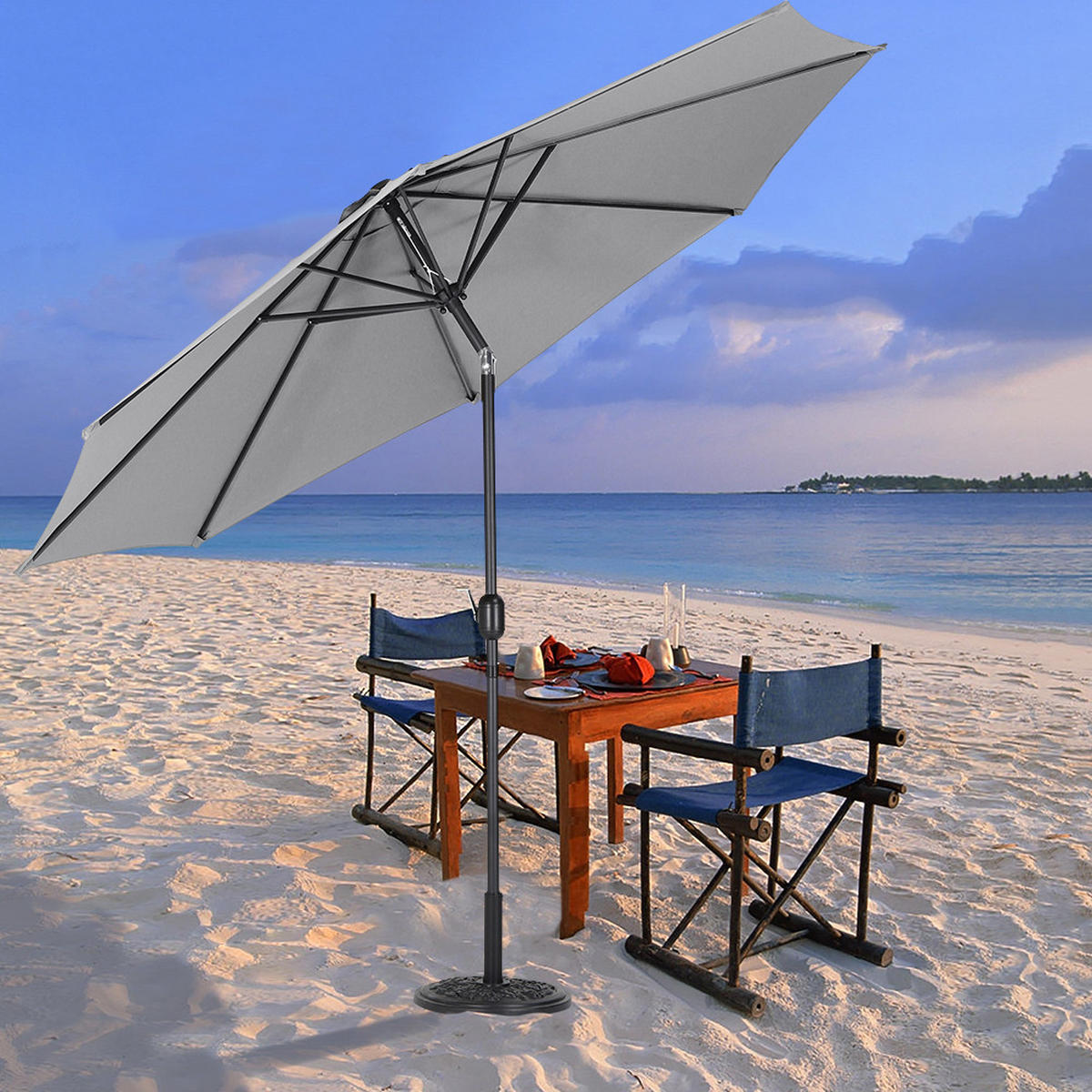 SONNENSCHIRM aus Polyester Metall in Hellgrau mit Resin-Sockel drehbar 360° neigbar 60° 3 x 2.4m Ø49 × 32 cm - Grau, Metall (300/240cm) - Livingandhome