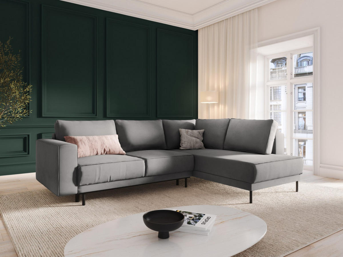 AUSKLAPPBARES-ECKSOFA rechts Caro aus Samt hellgrau 5 Sitzplätze - Hellgrau, Textil (187/247cm) - Micadoni