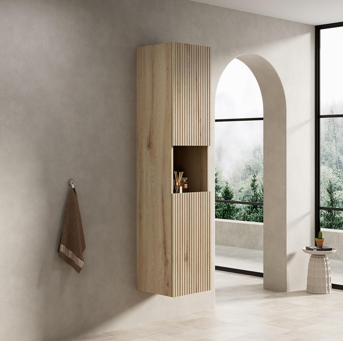 BADEZIMMERSCHRANK mit offenem Stauraum Weiß Eiche Holzwerkstoff - Weiß, Holzwerkstoff (35/35/160cm) - Beauniv