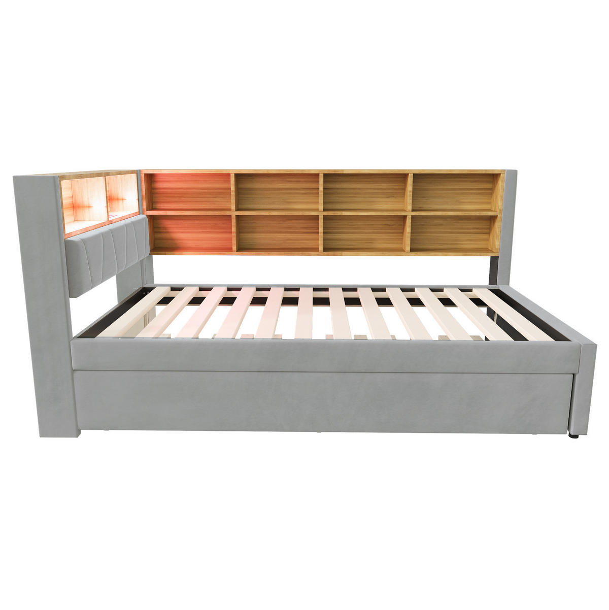BETT 90/200 cm mit Ausziehbett 90/190 cm, LED, USB- und Type-C-Anschluss, Stauraum, Flanell, Hellgrau - Hellgrau, Textil (90/200cm) - Redom