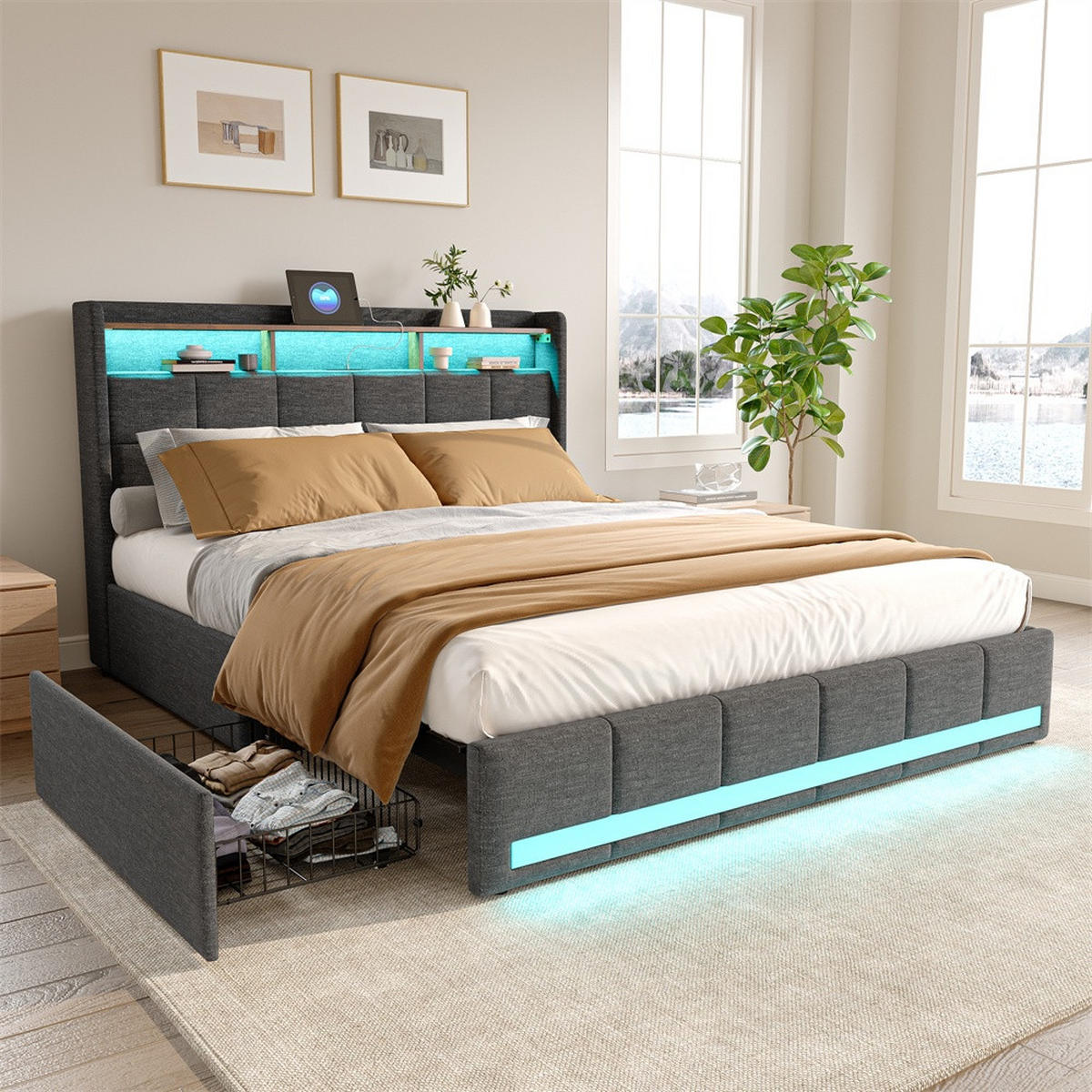 POLSTERBETT 140x200cm - Doppelbett mit 4 Schubladen - RGB-LED-Beleuchtung Ladestation - ohne Matratze - Grau - Grau, Textil (140/200cm) - DELFA