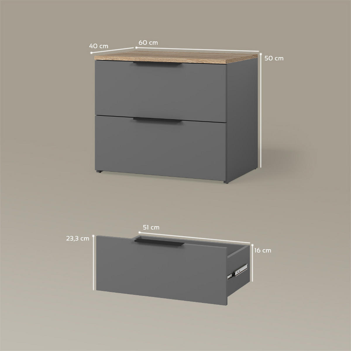 KOMMODE Piave Anthrazit 60 x 50 cm mit 2 Schubladen - Anthrazit, Holzwerkstoff (60/50/40cm) - Livinity®