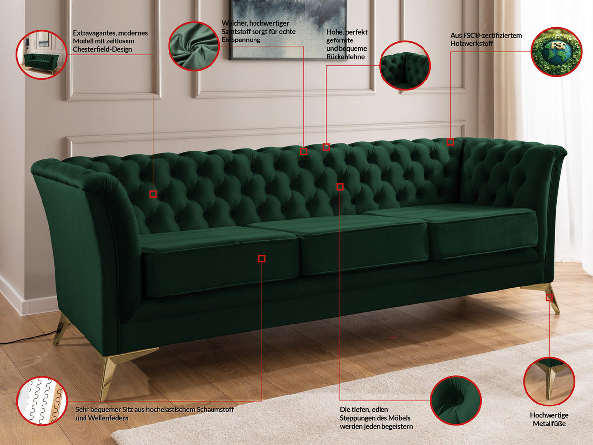 SITZGARNITUR 3+2+1 Chesterfield Whitby Flaschengrün Samt mit goldenen Füßen - Dunkelgrün/Goldfarben, Holz/Textil (237/78/82cm) - S-Style Möbel