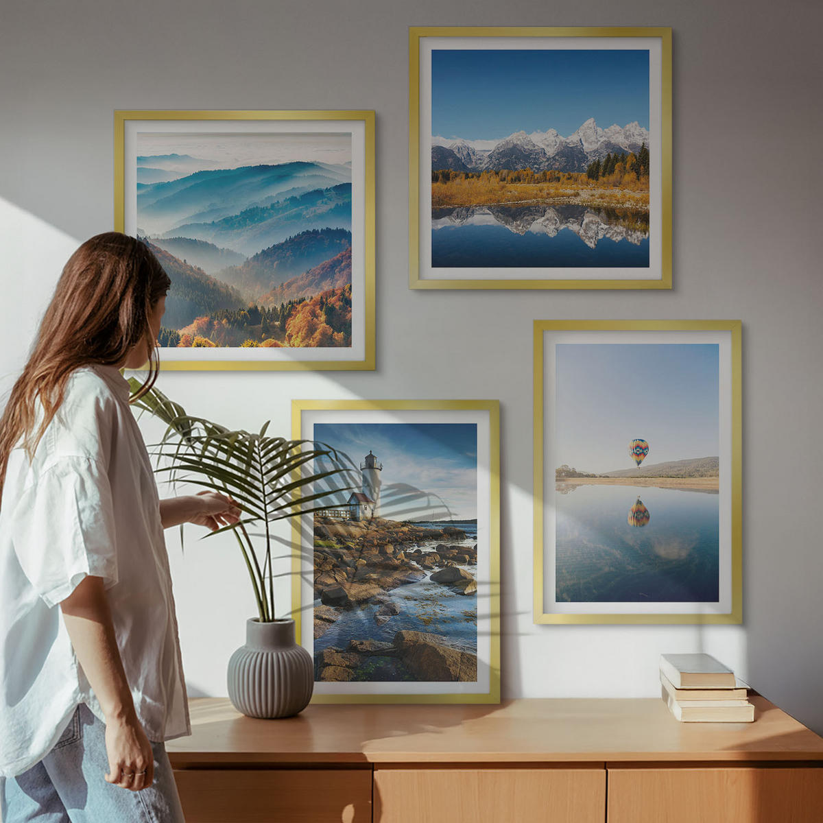 BILDER SET 4er Set - 50x50 cm & 40x60 cm Goldrahmen - Ausblicke auf die Natur, Leuchtturm, Berge - Goldfarben, Kunststoff (50/50cm) - TULUP