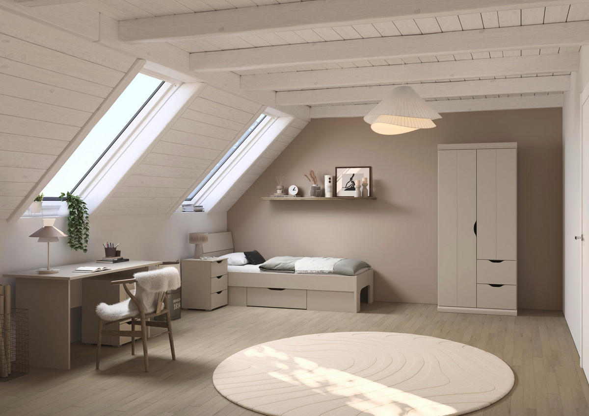 JUGENDZIMMER Frieda in Beige 5-teilig mit 2 türigem Kleiderschrank mit Schubkästen, 90er Jugendbett, Nachttisch, Schreibtisch mit Container - Beige, Holzwerkstoff (80/200/120cm)