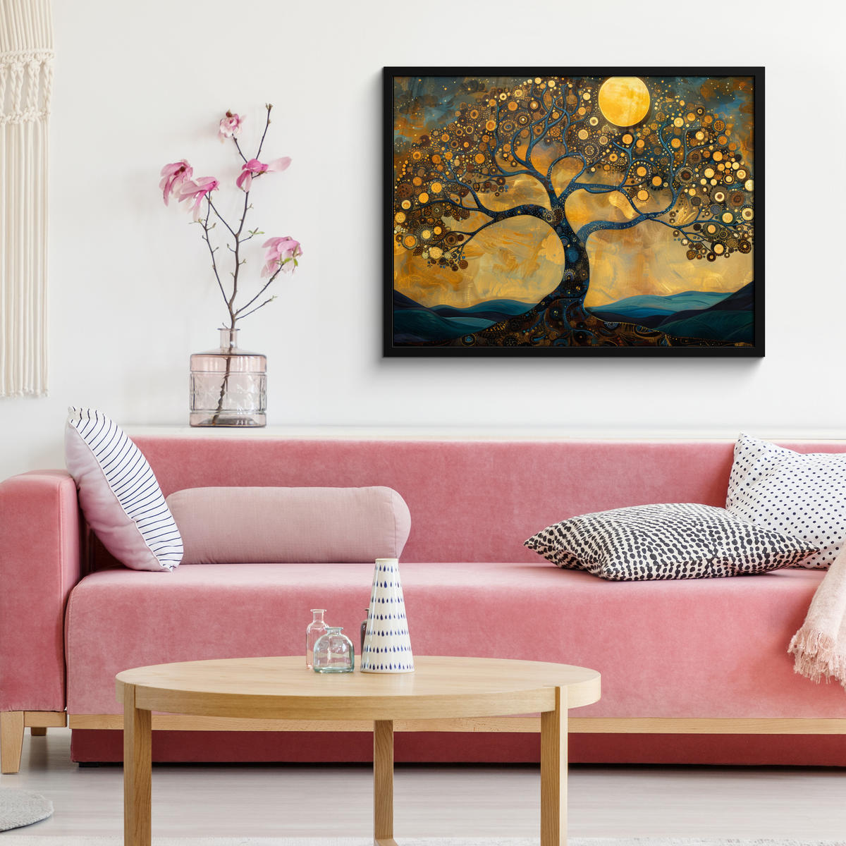 POSTER MIT RAHMENGERAHMTES BILD Baum - Mond - Blumen - Gold - Kunst 80x60 cm - Orange, Papier (80/60cm) - MuchoWow