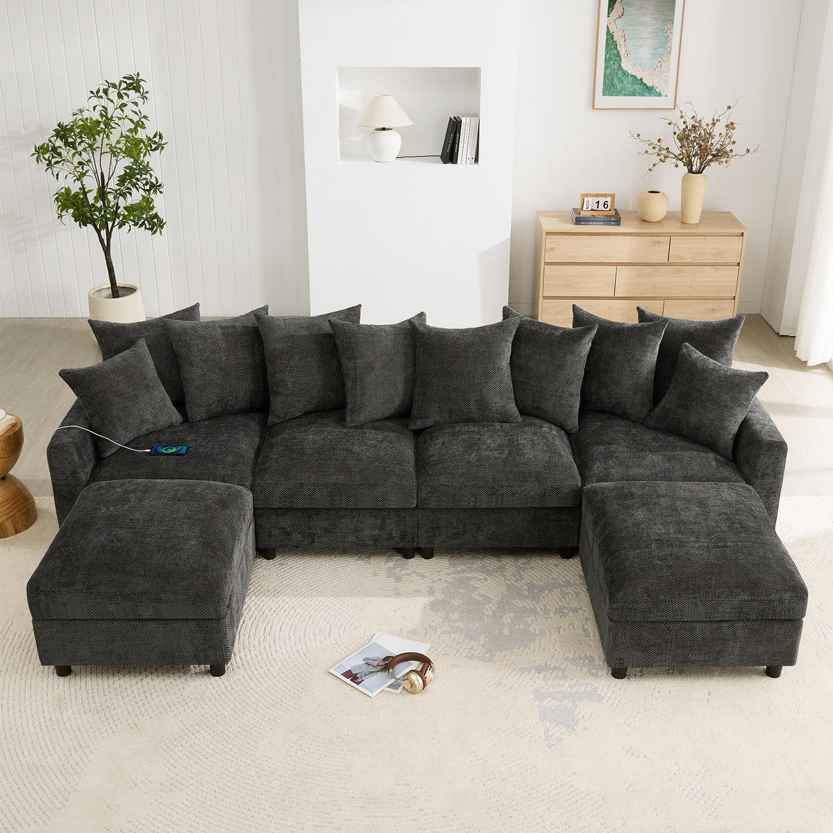 ECKSOFA Modular, Grau, Waffel-Chenille, 6-Sitzer, 2 Hocker - Grau, Textil (153.5/283cm)