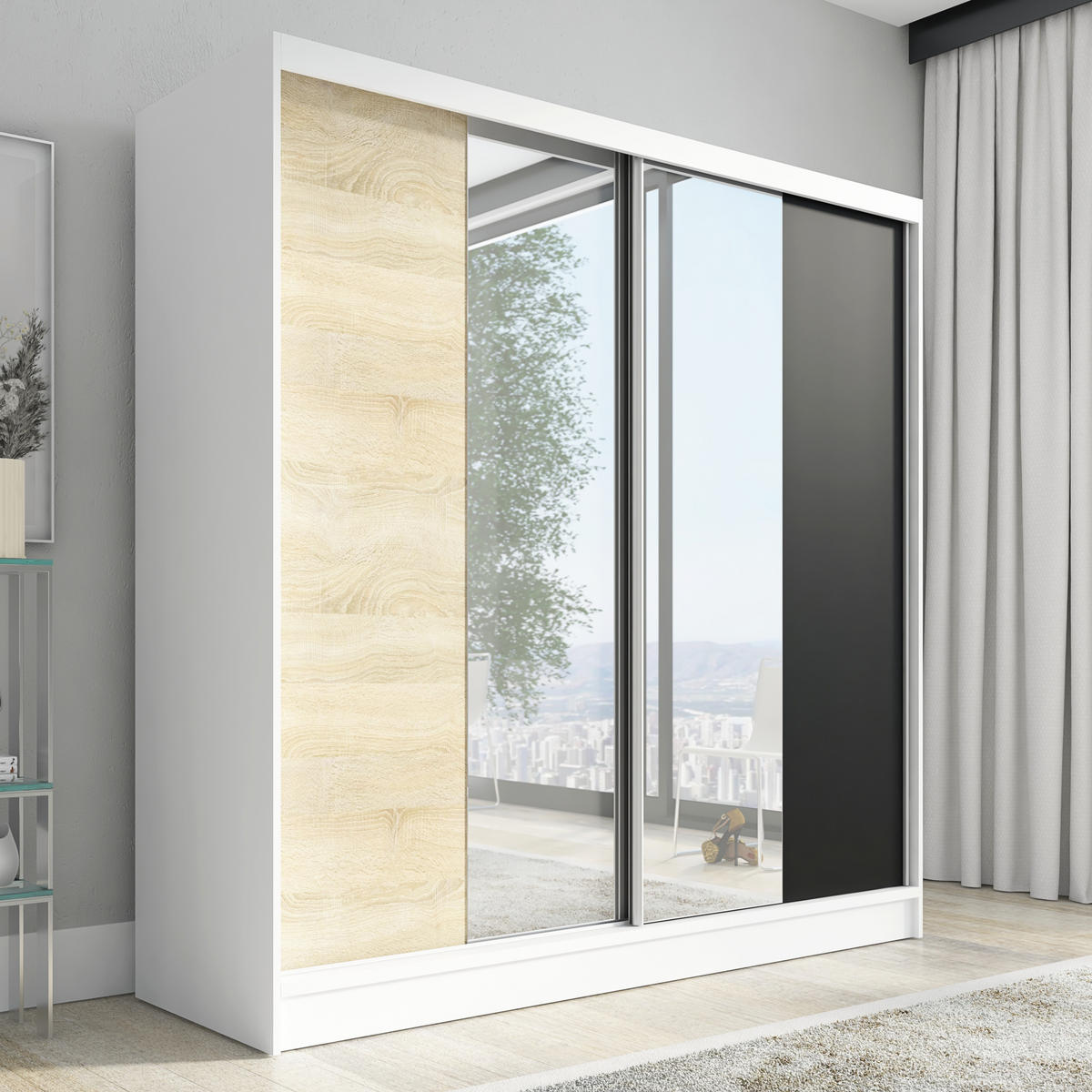 SCHWEBETÜRENSCHRANK 200 CM DUO Farbe:Weiß | sonoma | schwarz - Schwarz/Weiß, Holzwerkstoff (200/215/60cm) - A&J MöbelLand