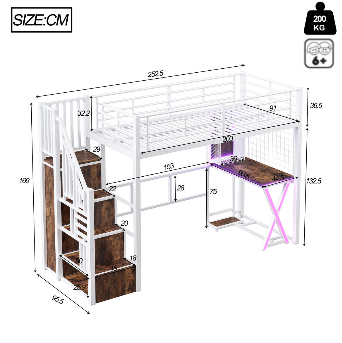 HOCHBETT 90/200 cm Weiß mit Schreibtisch, Kleiderschrank, ohne Matratze - Weiß, Metall (90/200cm) - MIVRAY