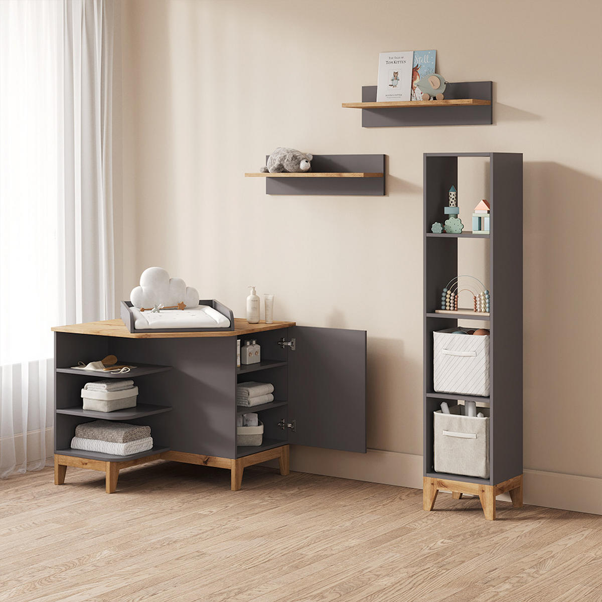 WICKELKOMMODE Mailo Grau/Artisan mit Tür - Eiche Artisan/Grau, Holzwerkstoff (85/85.2/85cm) - Livinity®