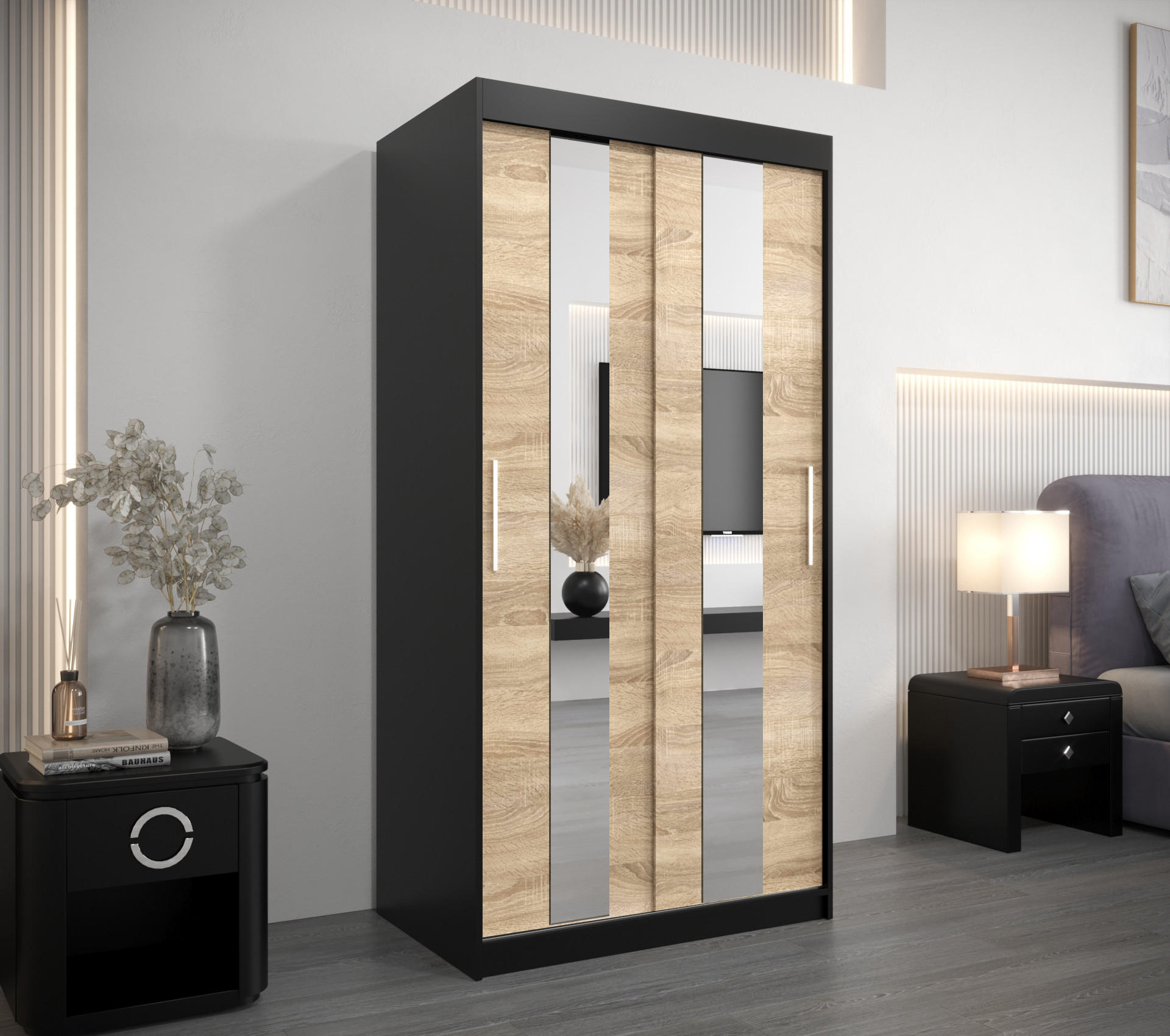 SCHWEBETÜRENSCHRANK 200/100/62 2-türig - Silberfarben/Schwarz, Holz/Kunststoff (100/200/62cm) - Abiks Möbel