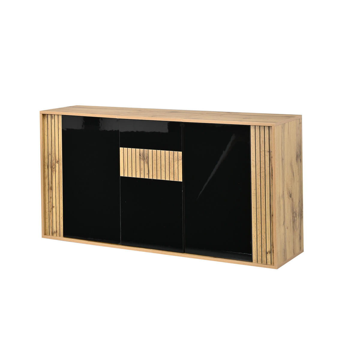 SIDEBOARD Schwarz Hochglanz & Holzton 3 Türen Wellenmuster - Naturfarben, Holzwerkstoff (140/71/35cm) - Urban Meuble