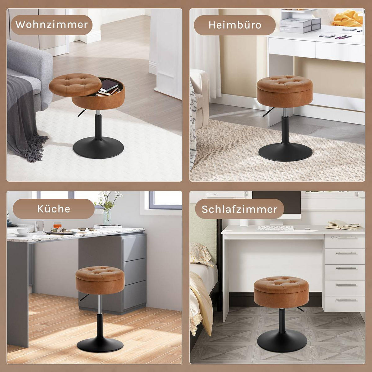 SITZHOCKER 2er Set, mit Stauraum, Kunstleder, Braun - Schwarz/Braun, Textil/Metall (38.5/50/38.5cm) - Woltu