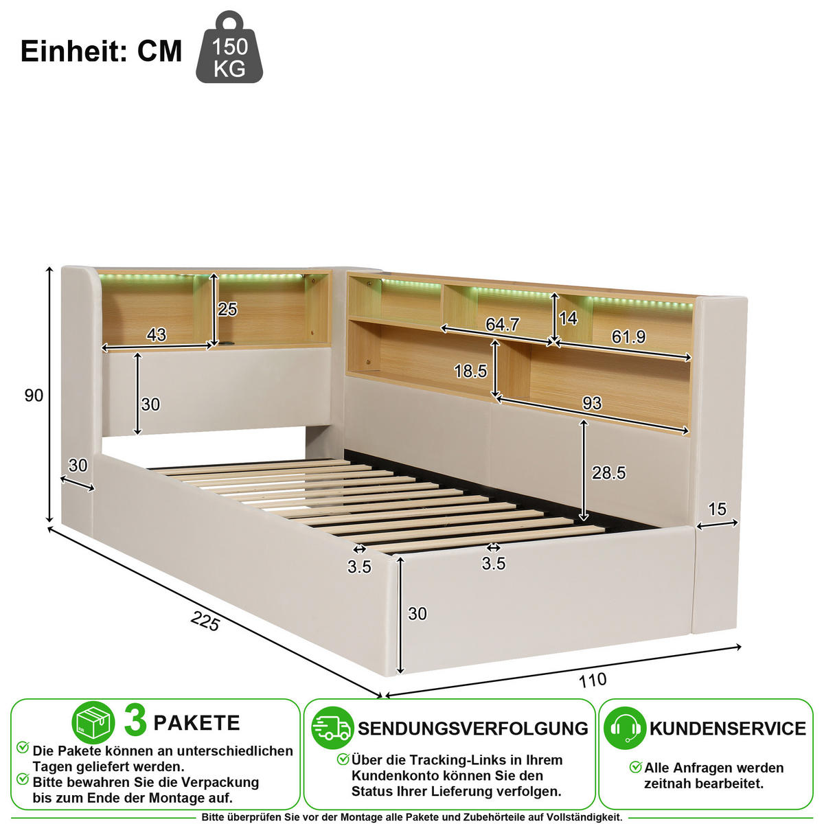 DĚTSKÁ POSTEL 90/200 cm v béžové sametové látce s úložným prostorem, LED, USB a Type-C - béžová, kov/kompozitní dřevo (90/200cm) - CHICFURN