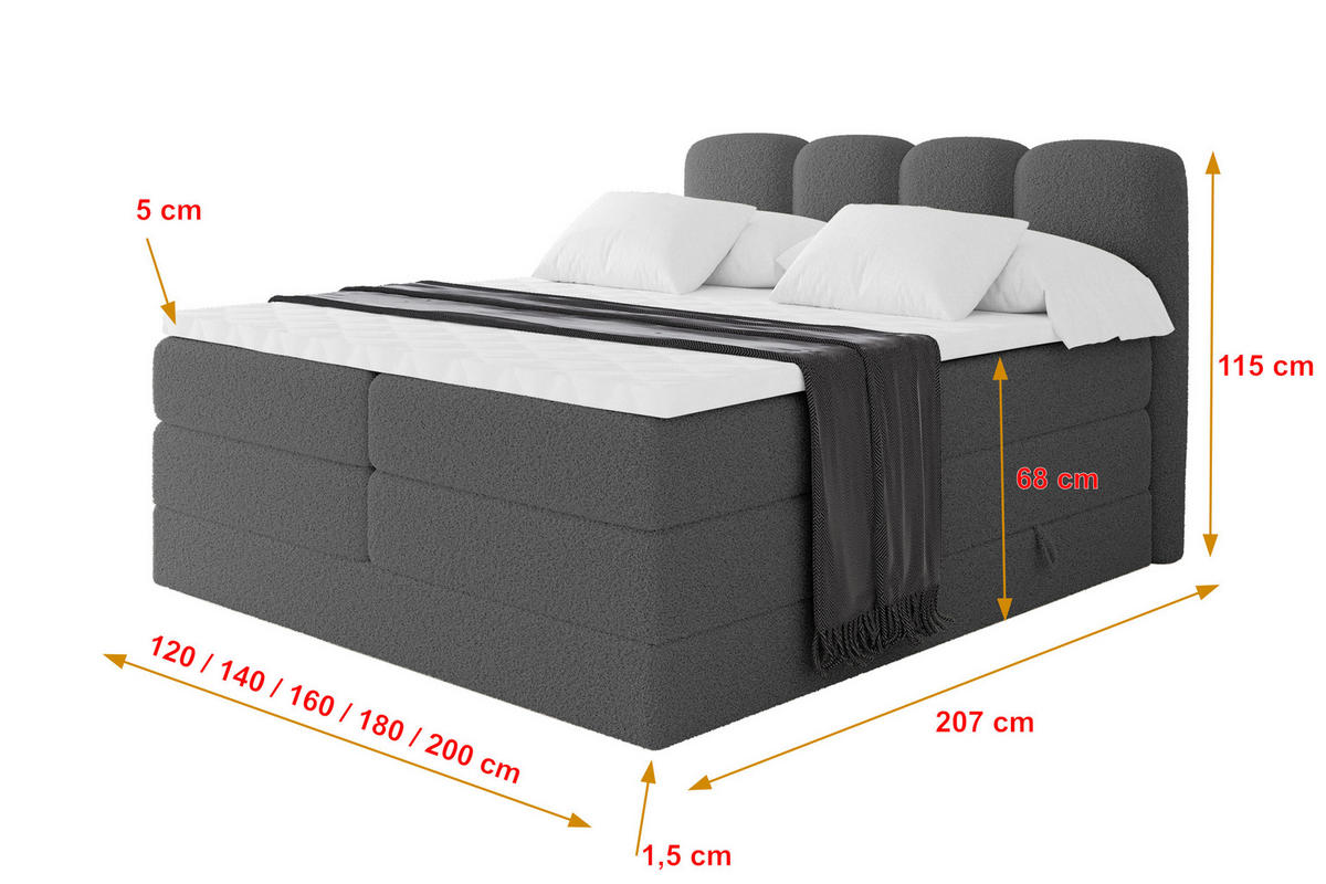 BOXSPRINGBETT mit Matratze H3/H4 - NINA KING - 160x200 cm Grau - Titanfarben, Holzwerkstoff (160/200cm) - ALTDECOR