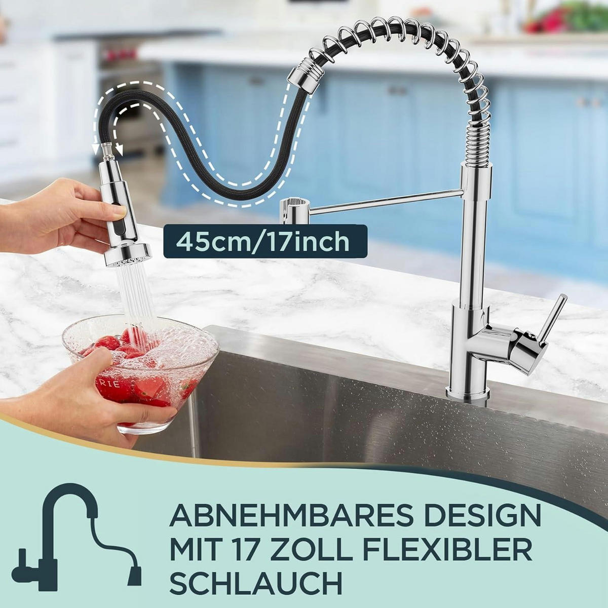 KÜCHENARMATUR mit ausziehbarer Brause, 360° drehbar, polierter Chrom - Silberfarben, Metall (5/43/20cm)