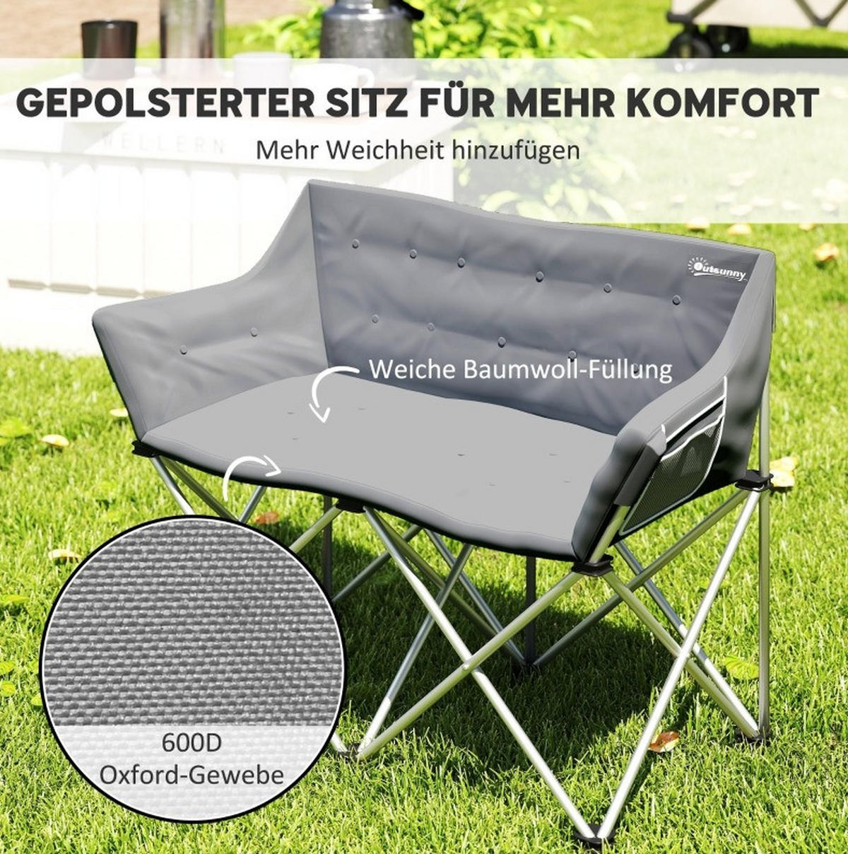 CAMPINGSTUHL 120/57/95 cm klappbar mit Seitentaschen und Metallgestell, Grau - Grau, Metall (120/95/57cm) - Redom