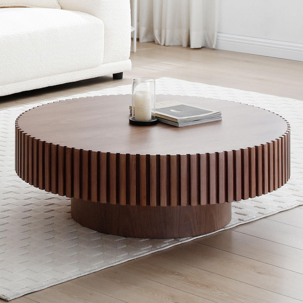 COUCHTISCH aus MDF Ø87x25 cm in Walnuss mit Rillendetail - Walnussfarben, Holzwerkstoff (80/80/35cm) - Modfu