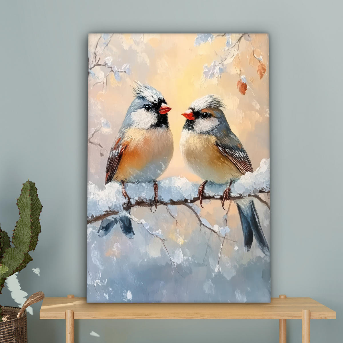 LEINWANDBILD Vögel - Zweig - Winter - Schnee 60x90 cm - Pastellblau, Textil (60/90cm) - MuchoWow