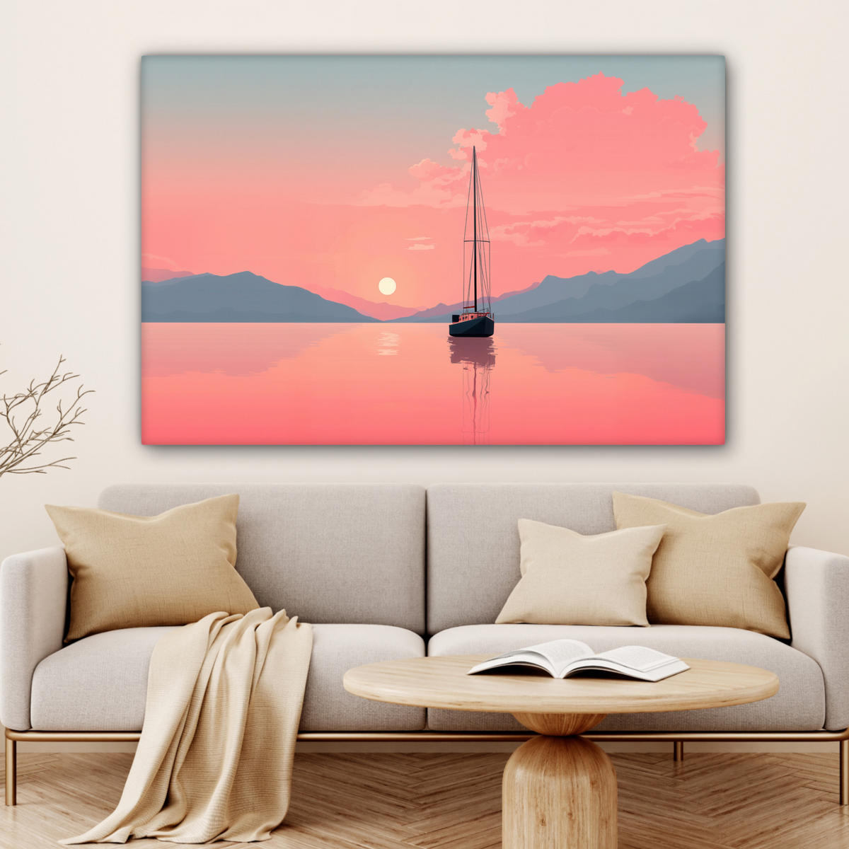LEINWANDBILD Segelboot - Rosa Meer - Sonnenuntergang - Berge Groß 140x90 cm - Rosa, Textil (140/90cm) - MuchoWow