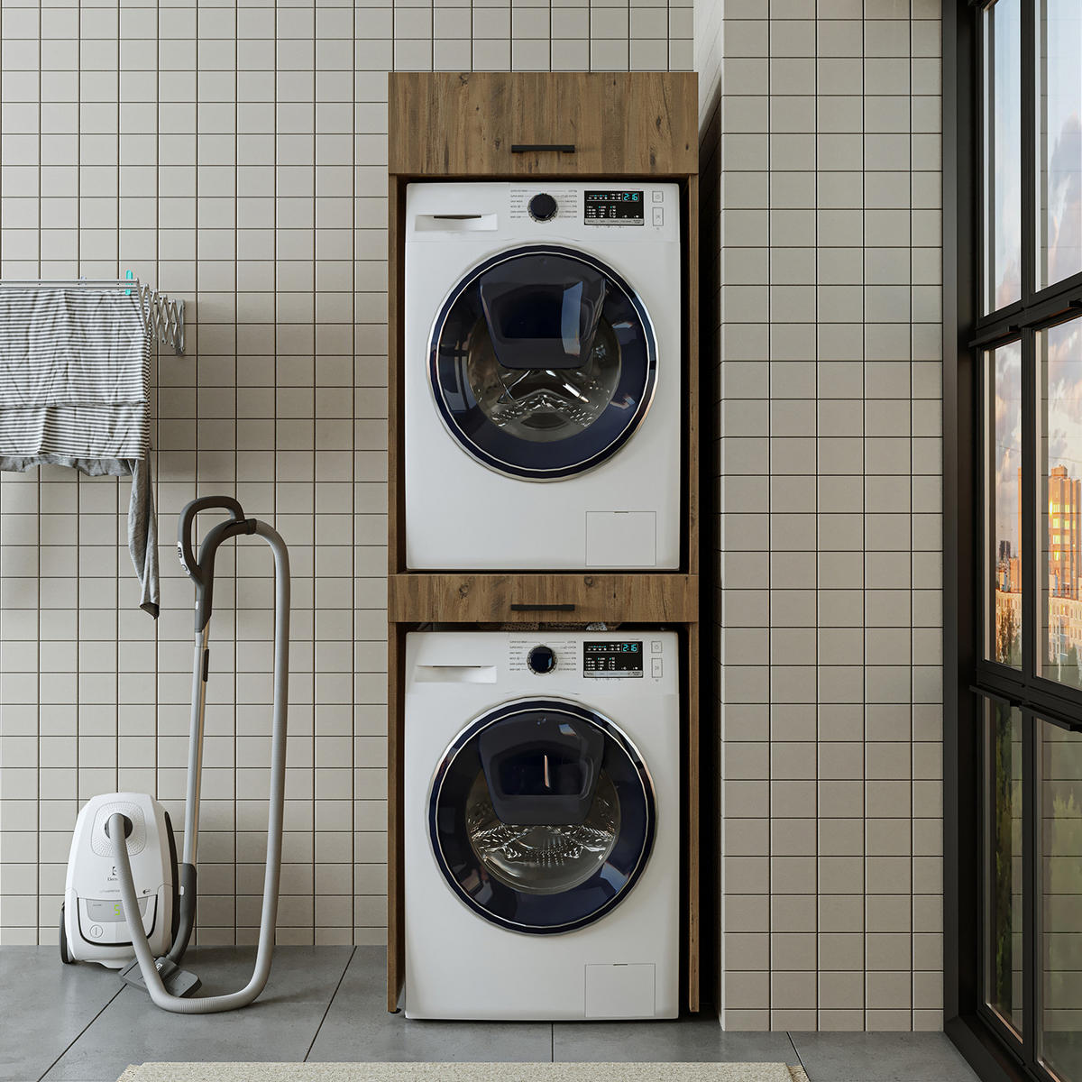 WASCHMASCHINENSCHRANK DUO-I 67cm Breit, 205cm Hoch - Eichefarben, Holzwerkstoff (67/205/67cm)