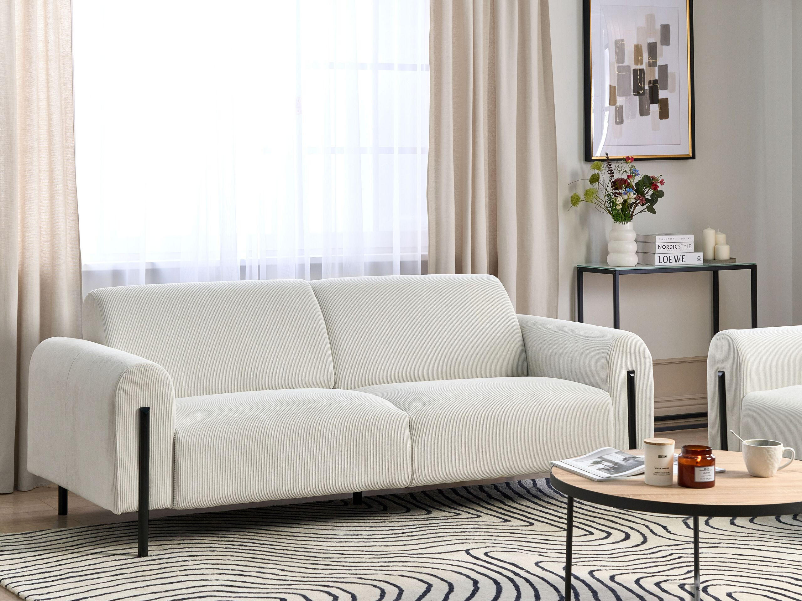 3-SITZER-SOFA Cord cremeweiß Askim - Schwarz/Weiß, Textil (207/87/89cm) - Beliani