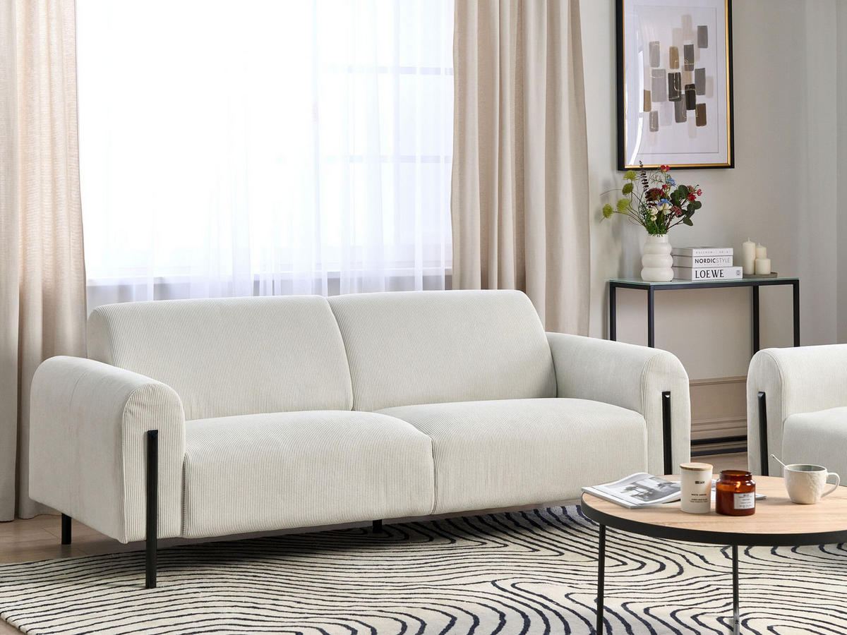 3-SITZER-SOFA Cord cremeweiß Askim - Schwarz/Weiß, Textil (207/87/89cm) - Beliani