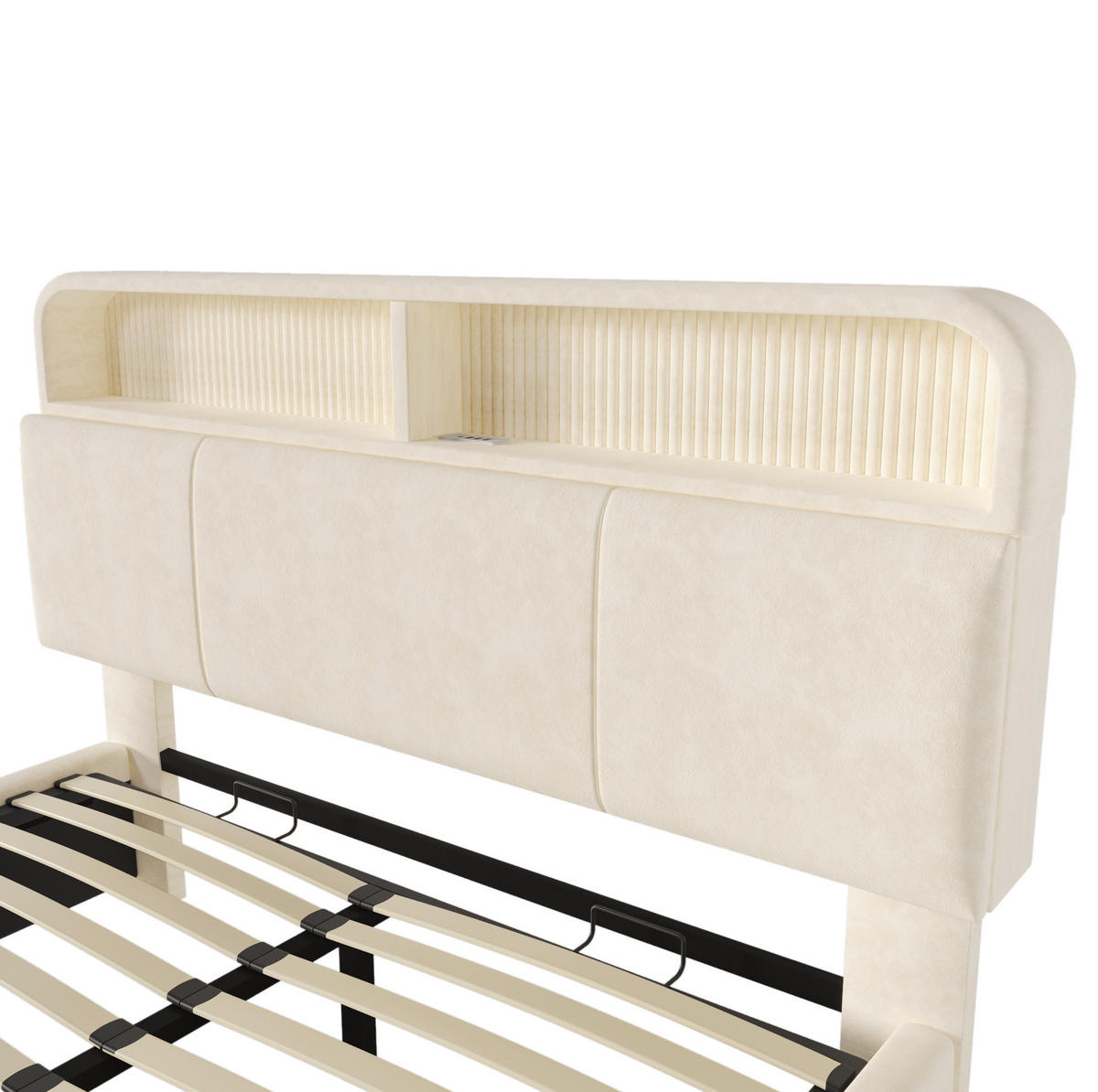 BETT mit Stauraum und LED 140x200 cm Samt Beige mit Lattenrost - Beige, Metall (140/200cm) - Meubliv