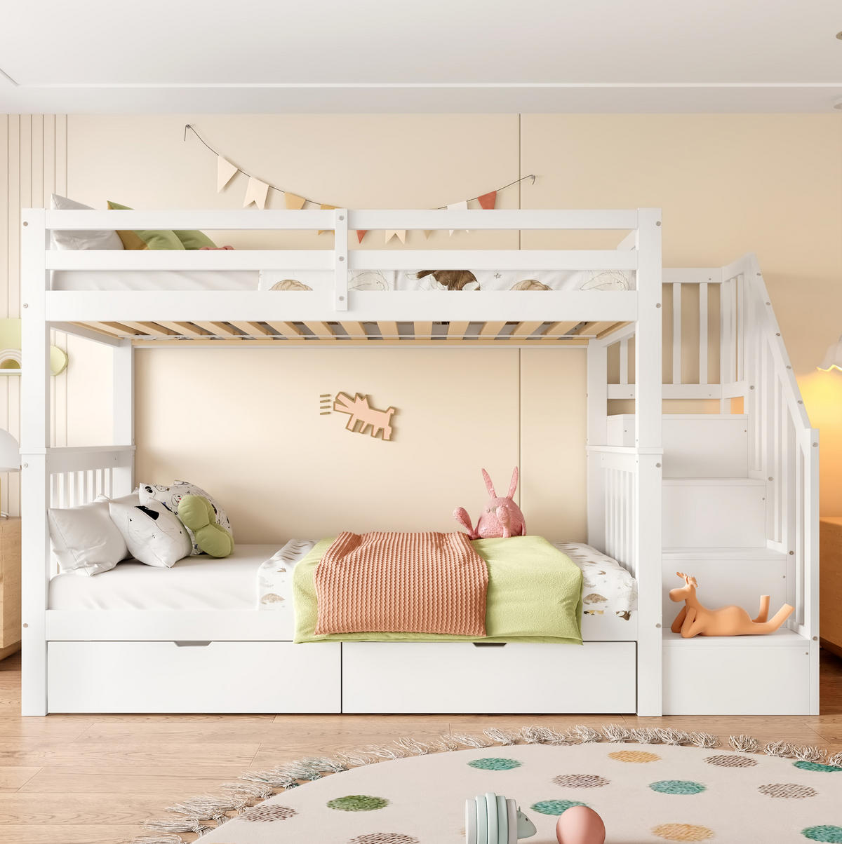 ETAGENBETT aus Kiefernholz und MDF 90x200 cm Weiß mit Treppenregal, 2 Schubladen und hohem Sicherheitsgeländer - Weiß, Holzwerkstoff (90/200cm) - Modfu