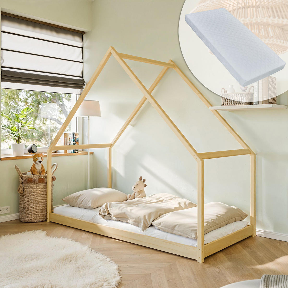 HAUSBETT 90x200 cm mit Matratze in natur - Hellbraun, Holzwerkstoff (90/200cm) - Kids Collective