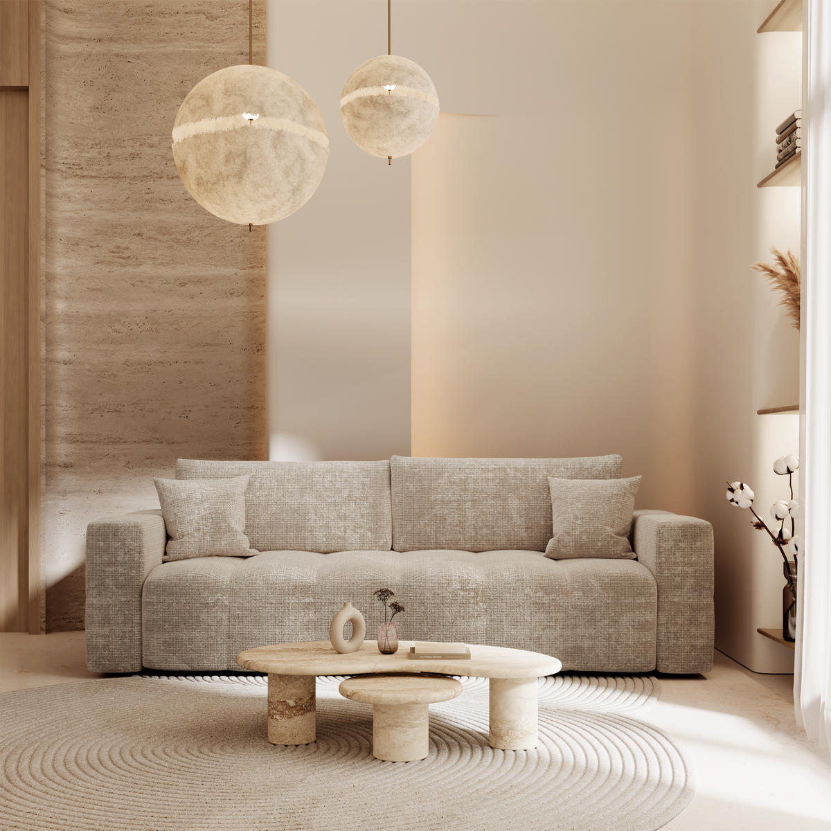 SCHLAFSOFA Express VIBE Geprägter Samt Beige 206cm - Beige, Textil (206/80/100cm) - Premium Interiors