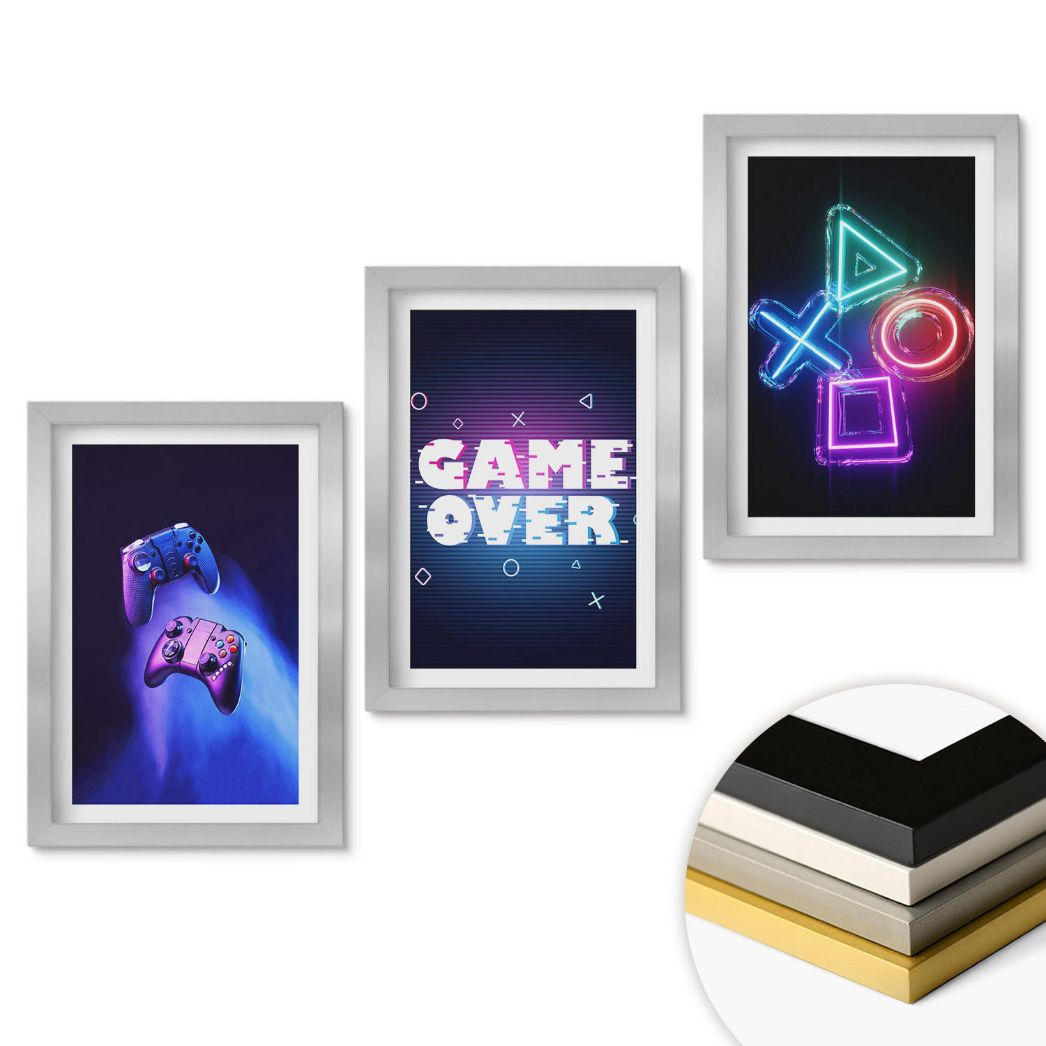 WANDBILDER 3er Set - 20x30 cm Silberner Rahmen - Game Over Gamepads - Silberfarben, Kunststoff (20/30cm) - ArtPrintCave
