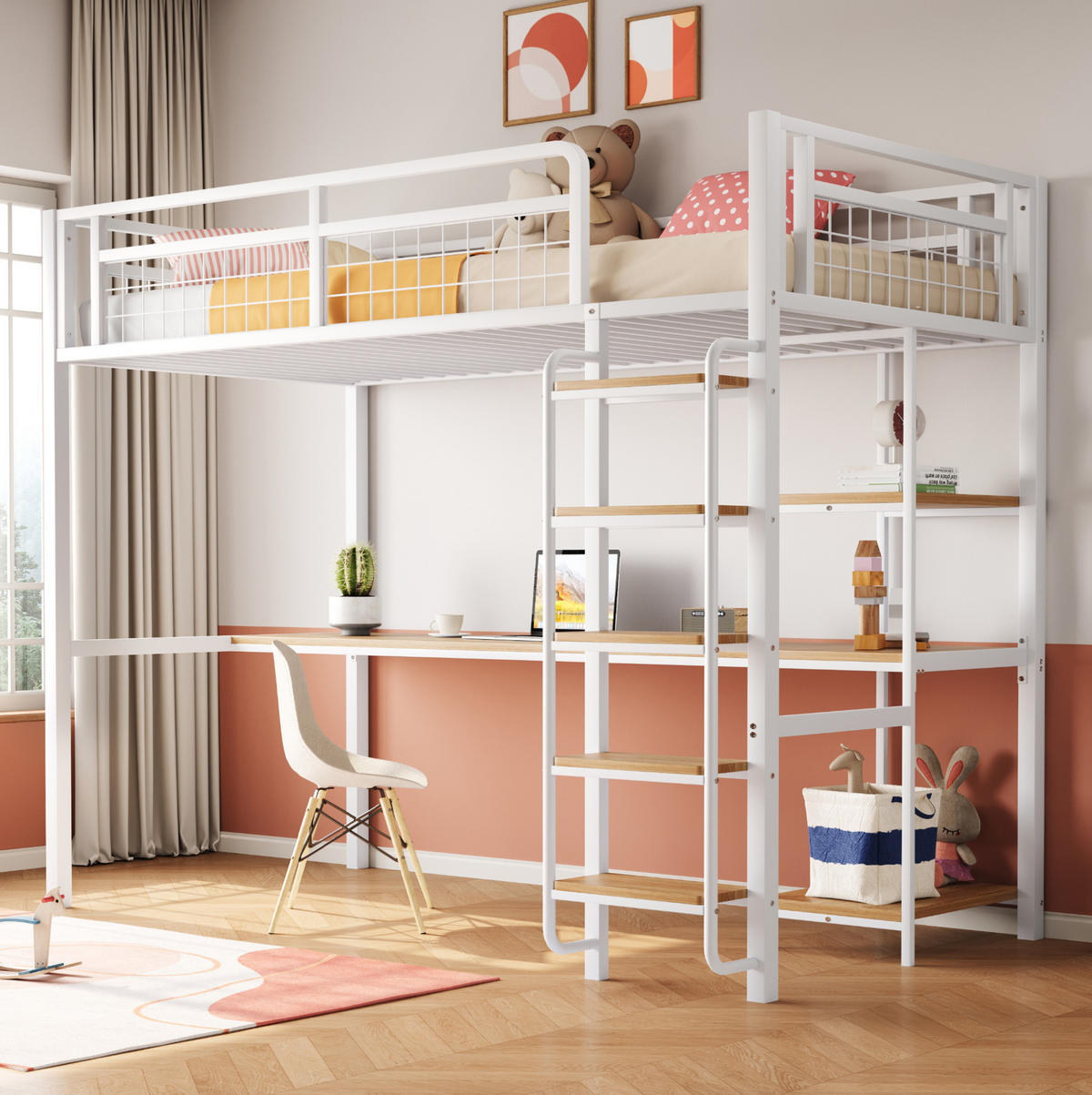 HOCHBETT 90/200 cm Weiß aus Metall und MDF mit Tisch und Regalen - Weiß, Metall (90/200cm) - OKMYHOME