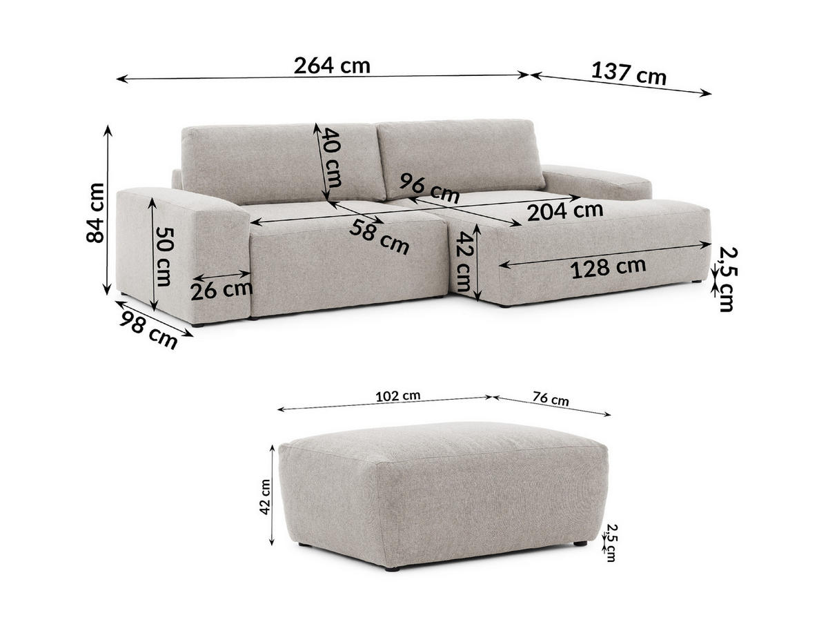 ECKSOFA inkl. Hocker Lennon aus Beige Strukturstoff mit Schlaffunktion und Bettkasten - Beige/Schwarz, Holz/Kunststoff (264/137cm) - S-Style