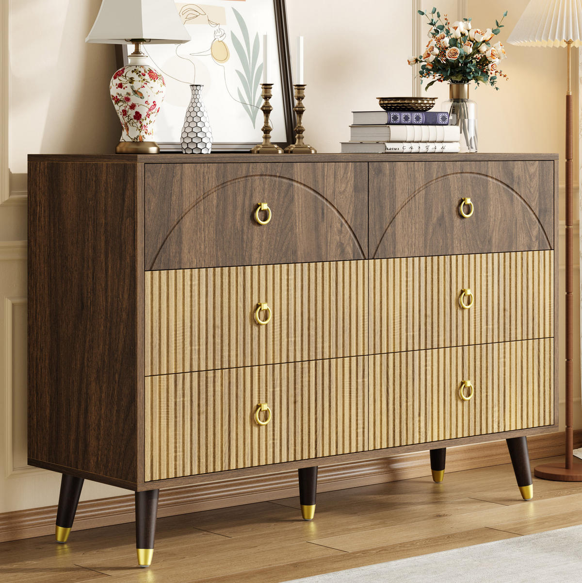 KOMODA 120/40/81 cm s 6 predali, dvobarvnim retro videzom in MDF konstrukcijo, Naravna - naravne barve, leseni material (120/81/40cm) - Redom