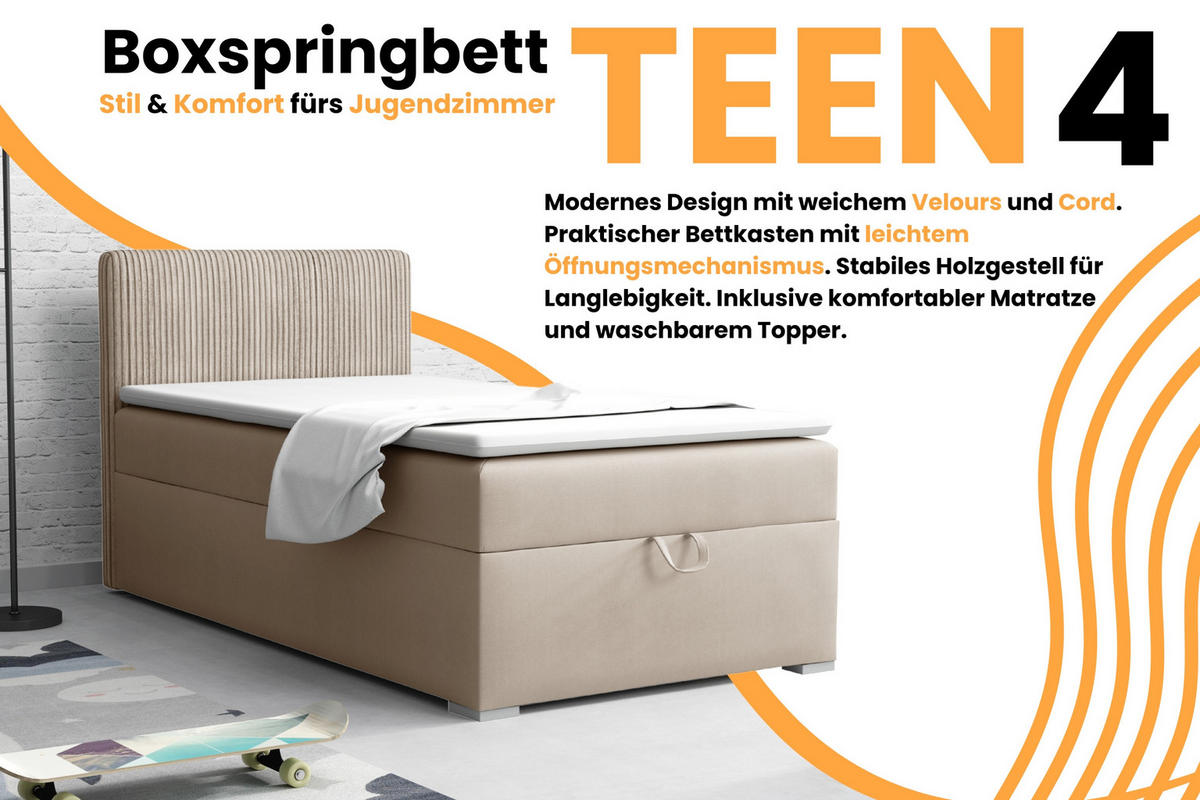 BOXBETT TEEN 4 90/200 Velours / Cord Beige H3 - Beige, Holz/Holzwerkstoff (90/200cm) - Deine Möbel 24