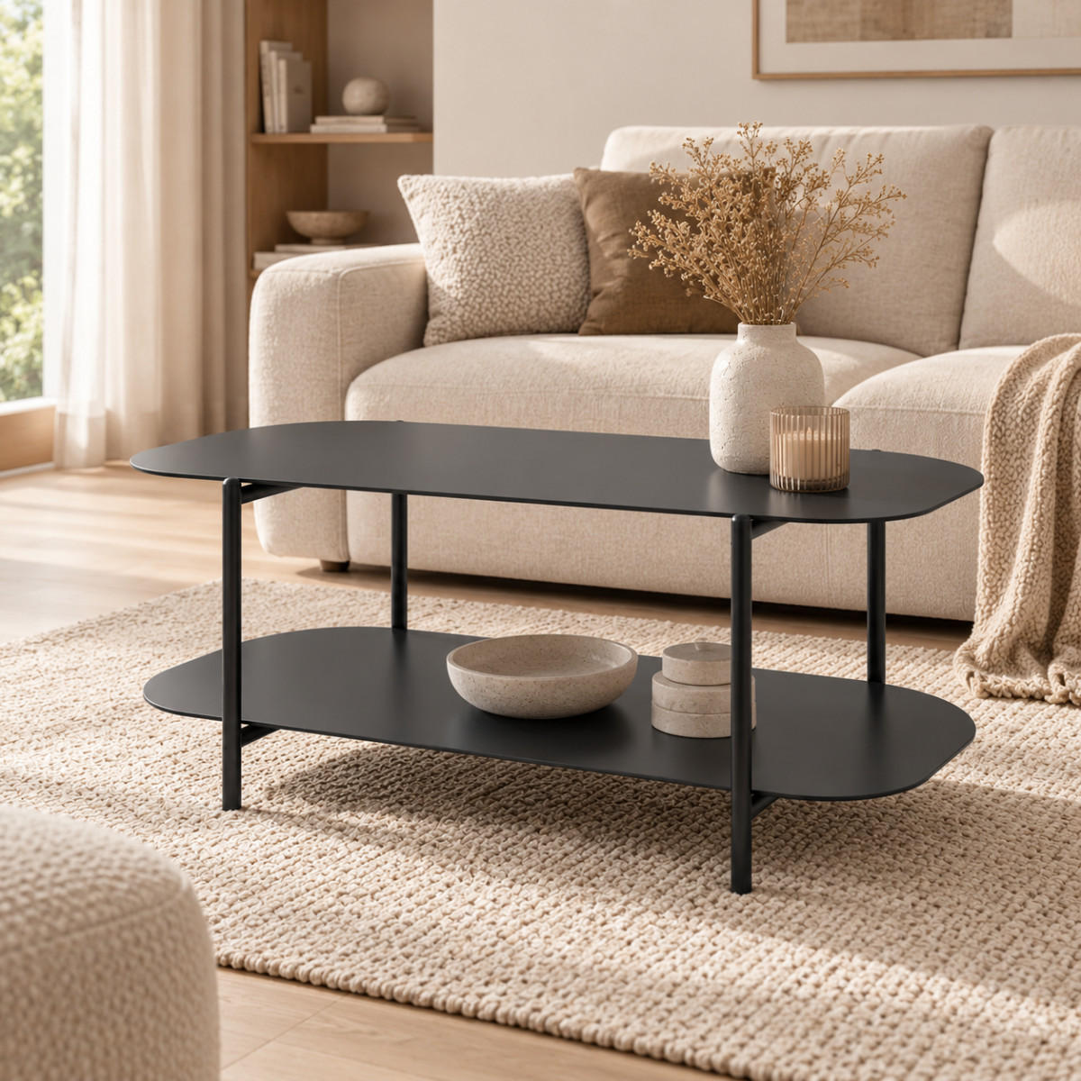 ZWEISTUFIGER Couchtisch aus schwarzem Metall 58/45,5/100 cm - Schwarz, Metall (100/58/45.5cm) - Calicosy