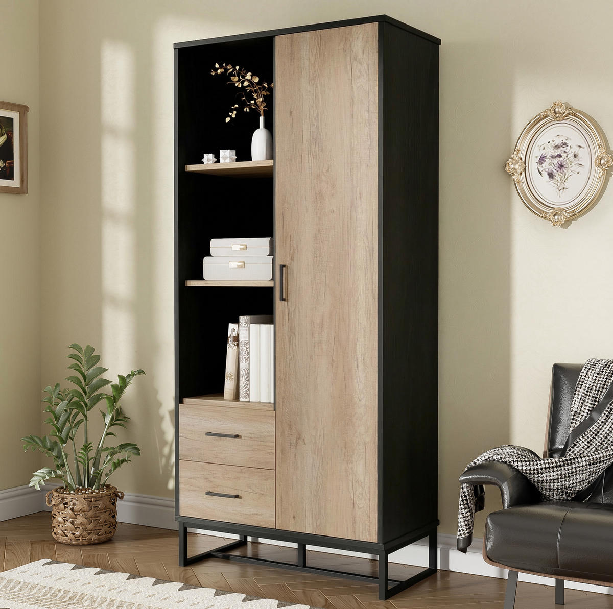 HIGHBOARD 80/40/180 cm in Holzoptik und Schwarz mit 2 Schubladen und 3 offenen Fächern - Schwarz, Holzwerkstoff (80/180/40cm) - Flora Grace