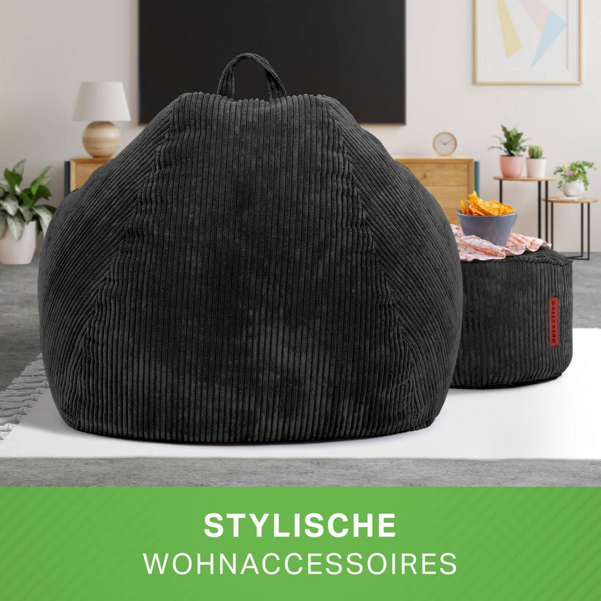 XXL-SITZSACK 2er Set + Pouf - Cordstoff - Schwarz, Textil (90/110/90cm) - Green Bean