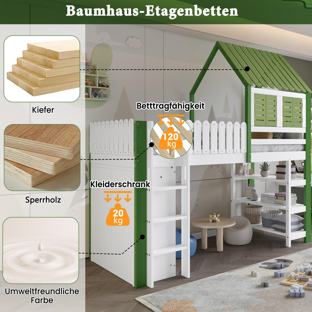 HOCHBETT 90/200 cm aus Kiefer/MDF mit Dach, Fenstern, Kleiderschrank und Regal, Weiß/Grün - Weiß, Holzwerkstoff (90/200cm) - Redom