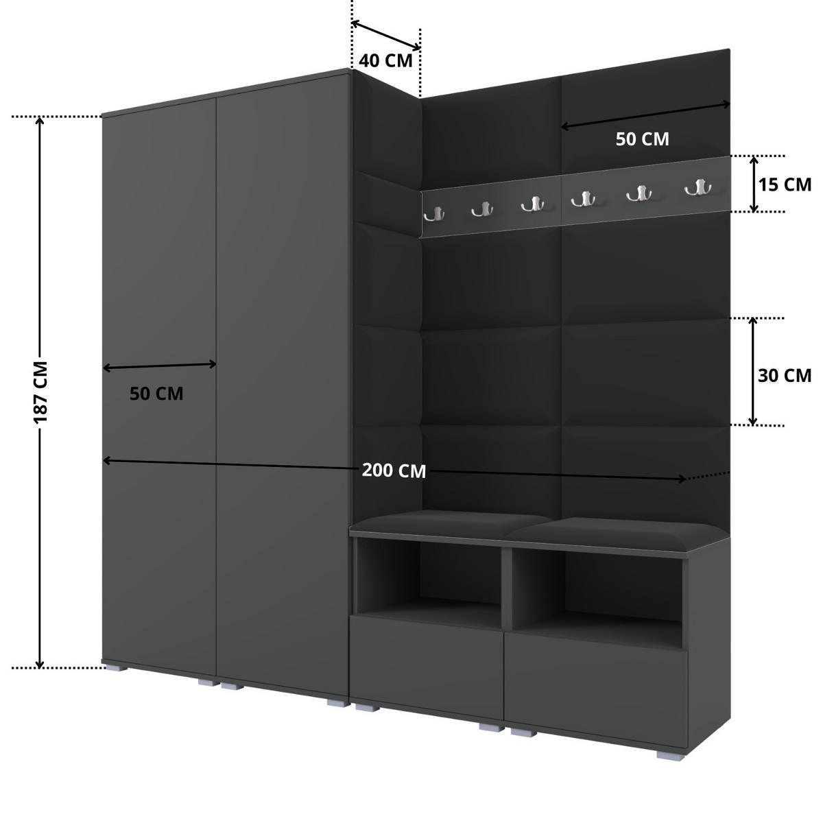 GARDEROBE NELA VI 200 cm (Kompaktgarderobe Graphit mit Sitzpolster Schwarz 16 Schrank & Paneel) - Silberfarben/Schwarz, Holz/Holzwerkstoff (200/187/40cm) - Ravio
