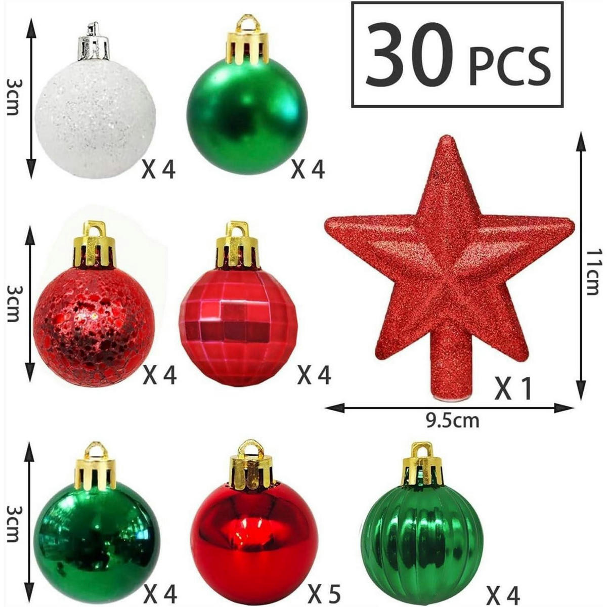 WEIHNACHTSKUGELN 30-teiliges Set 3 cm Rot Grün Weiß - Multicolor, Kunststoff (3/3/3cm)