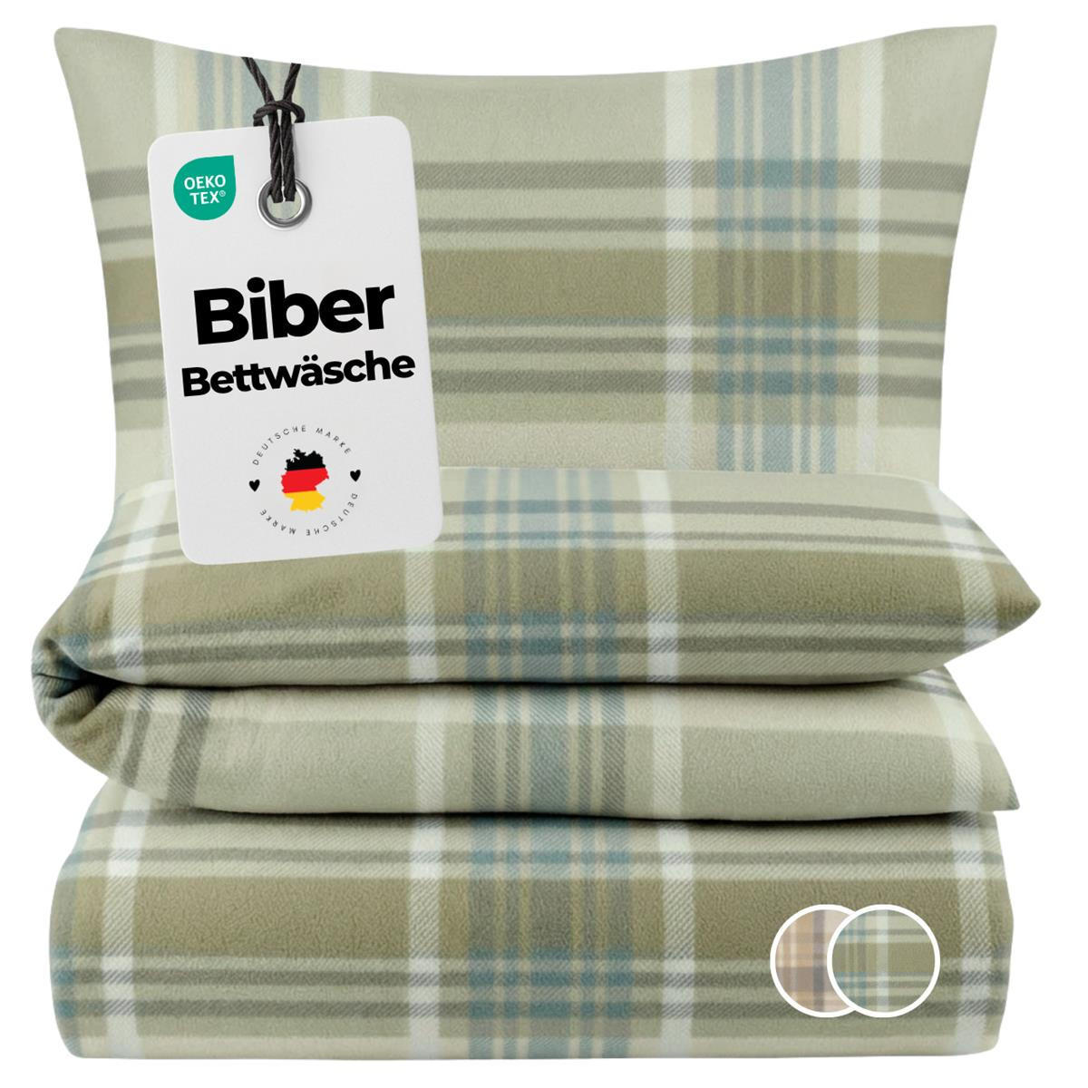 BIBER-BETTWÄSCHE 135x200 - Kuschelig warmer Flanell Bettbezug aus 100% Baumwolle für Herbst & Winter - Kariert Grün - Grün, Textil (135/200cm) - Carpe Sonno
