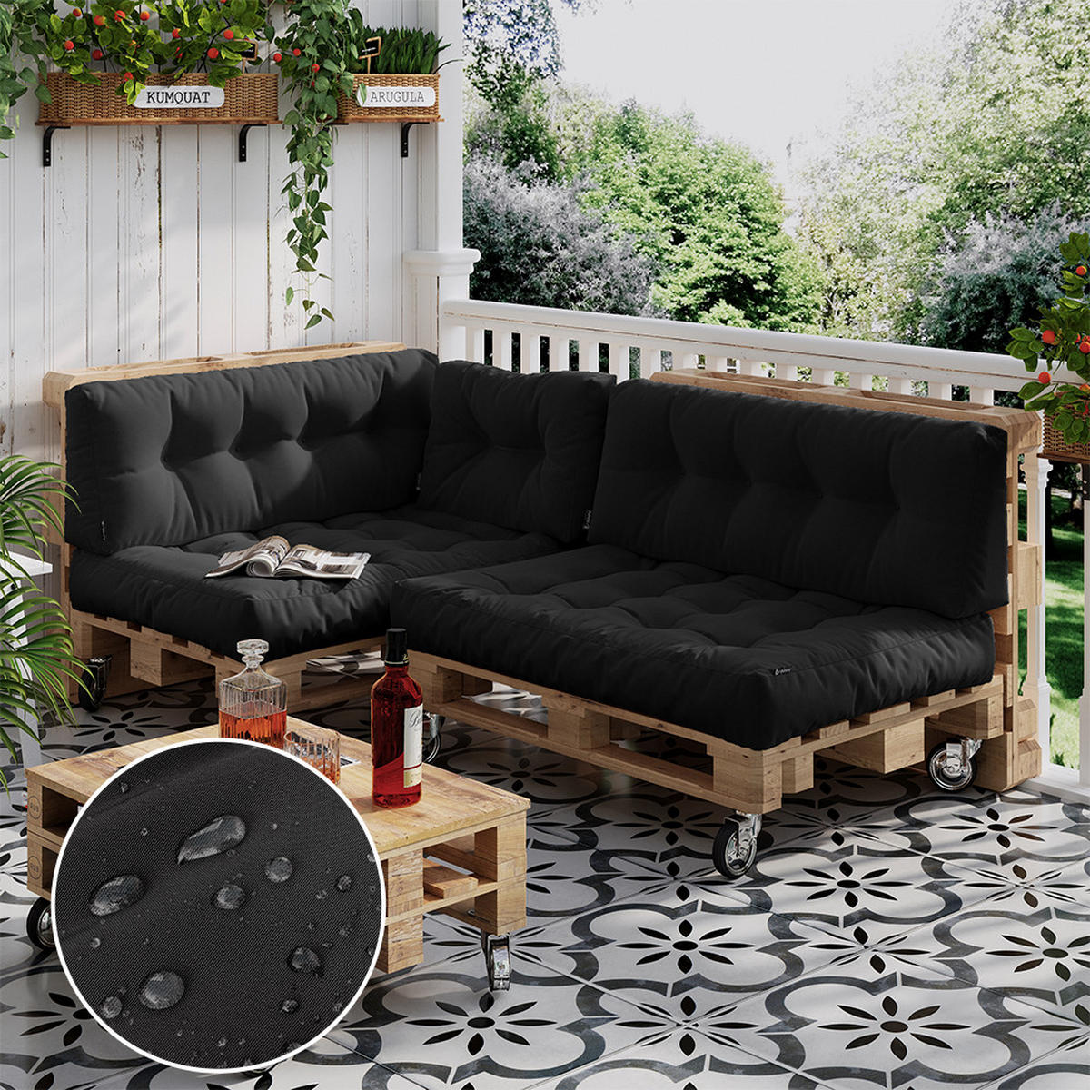PALETTENKISSEN SET Ohio Anthrazit 5 Teile, wasserabweisend - Anthrazit, Textil (120/15/80cm) - Vicco