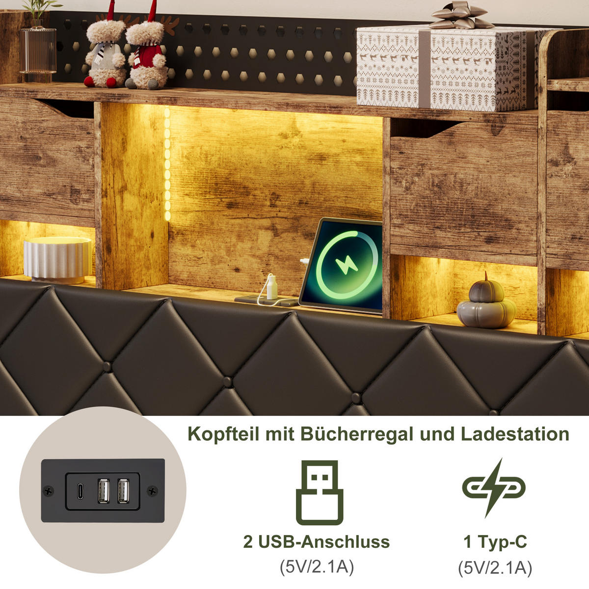 POLSTERBETT 140x200 cm mit LED & USB, Doppelbett mit Kopfteil Stauraum, Schwebebett Holzoptik Metall - Schwarz, Metall (140/200cm) - EuroLiving