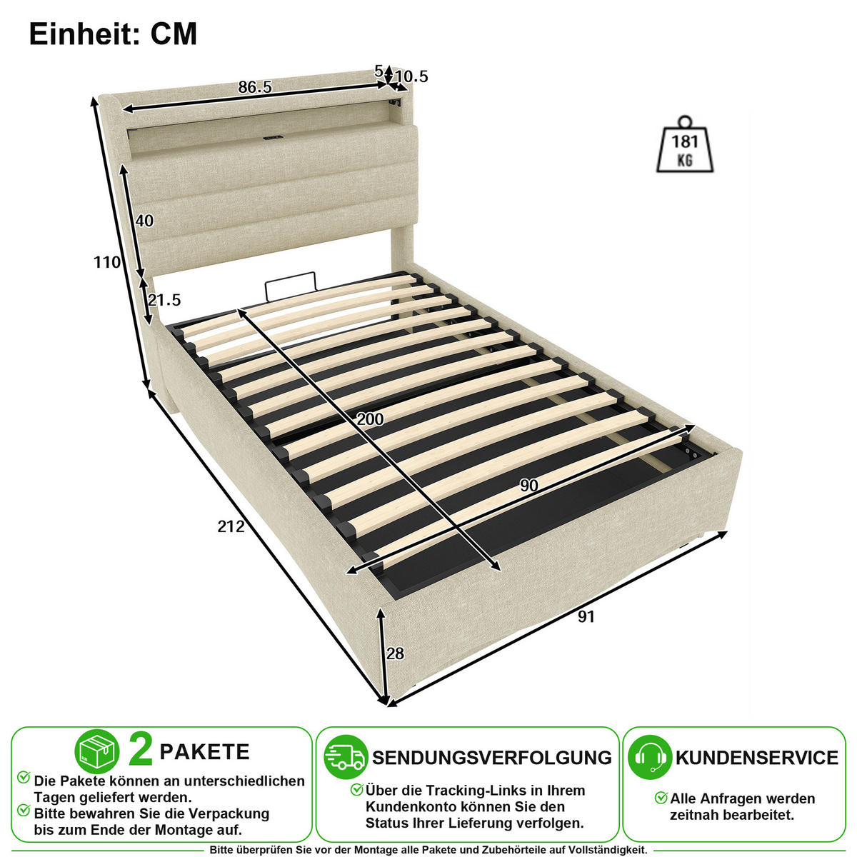 POLSTERBETT 90/200 cm in Beige Leinen mit Bettkasten, LED, USB und Type-C - Beige, Holzwerkstoff/Textil (90/200cm) - CHICFURN